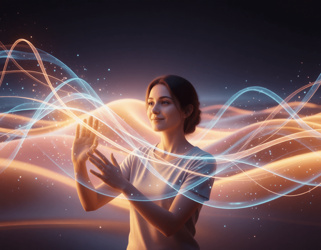 Person interagiert mit KI-Lichtlinien – symbolisch für Affiliate Marketing mit KI 2026.