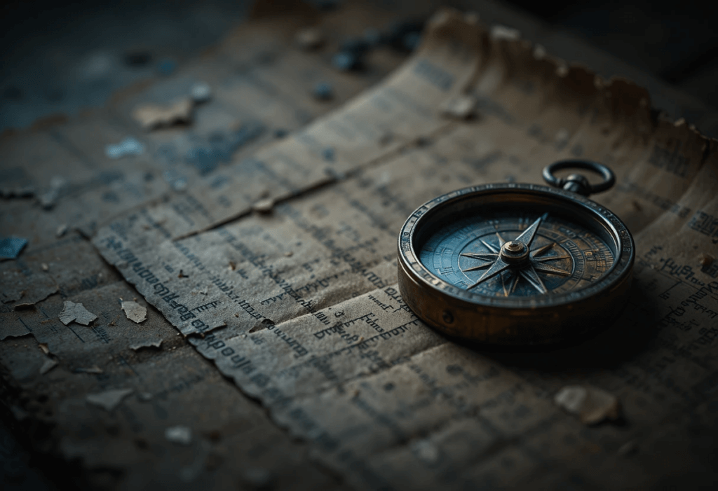 Ein antiker Kompass auf dunklem Papier als Symbol für die Recherche im Fachartikel.