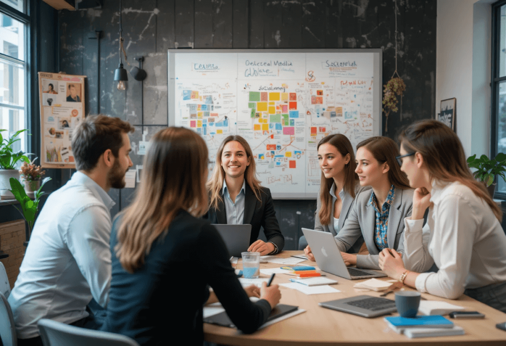 Gemeinsame Strategiearbeit nach einem Social-Media-Webinar.