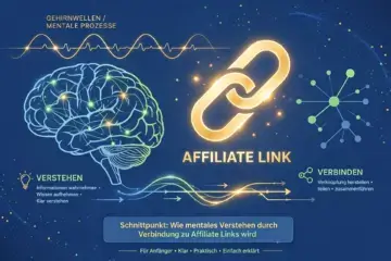 Visuelle Erklärung wie Gehirnwellen und mentale Prozesse mit Affiliate Link Symbol verbunden sind - leuchtendes goldenes Link Icon blaues Gehirn mit neuronalen Netzwerken Fokus Verstehen und Verbinden Farbschema Blau Grün Gold für Anfänger