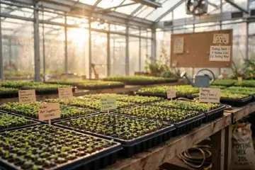 Affiliate Marketing Skalierung - fotorealistisches Gewächshaus mit Reihen von Jungpflanzen in Anzuchtschalen im warmen Sonnenlicht symbolisiert Testen und Wachsen von Nischen