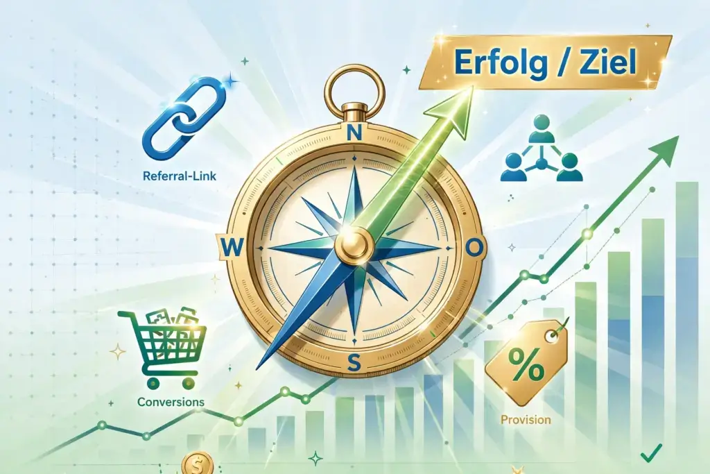 Affiliate Marketing Kompass mit leuchtendem Pfeil zeigt auf Erfolg Ziel - umgeben von Link Icon Warenkorb Provision Netzwerk aufsteigender Trendpfeil motivierender klarer Stil