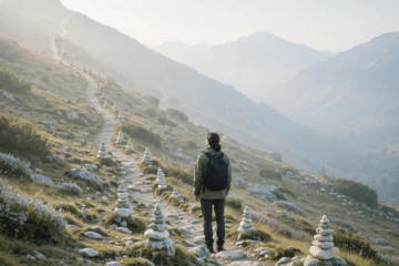 Ruhiger inspirierender Bergpfad mit gestapelten Steinen symbolisiert langen lohnenden Weg im Affiliate Marketing - Beständigkeit Wachstum Weitsicht und Geduld statt Eile