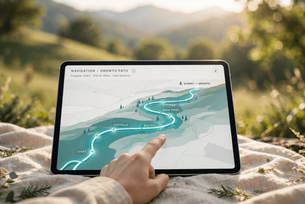Affiliate Marketing lernen - Person zeigt auf digitale Karte mit Wachstumspfad der klare Richtung symbolisiert