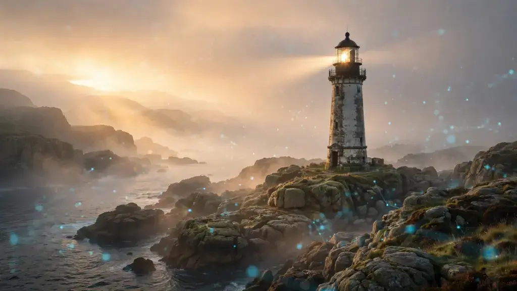 Affiliate Marketing Orientierung und Vertrauen - fotorealistischer Leuchtturm im Morgennebel mit Lichtstrahl und digitalem Netzwerk im Hintergrund symbolisiert den richtigen Weg finden