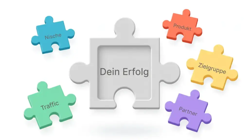 Affiliate Marketing Puzzleteile aus hellem Holz auf weißem Tisch - Nische Produkt Zielgruppe Traffic Partner und mittig Dein Erfolg