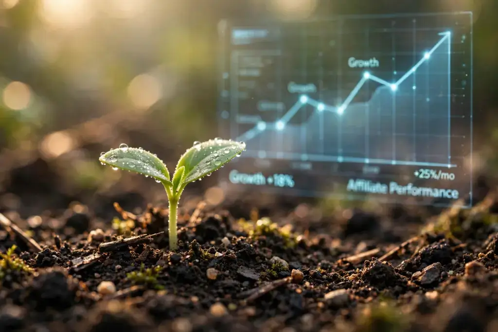 ffiliate Marketing Wachstumspotenzial - einzelner Samen sprießt in fruchtbarer Erde mit digitalem Wachstums Chart im Hintergrund warme erdige Farben