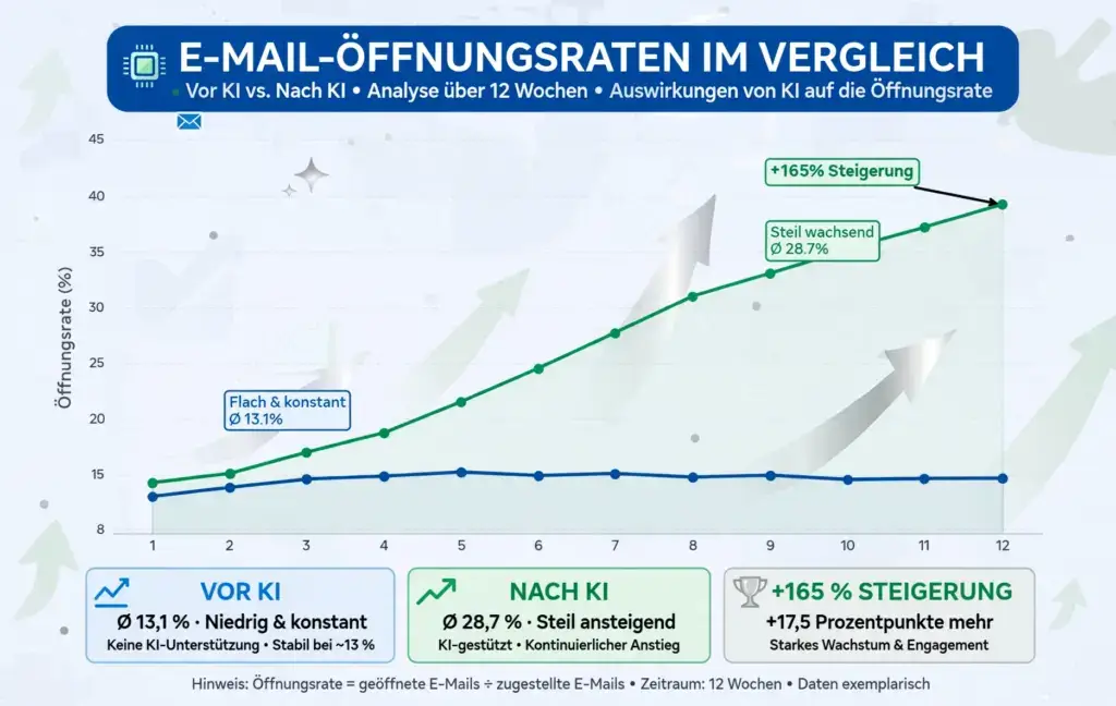 Business-Grafik vergleicht E-Mail-Öffnungsraten über 12 Wochen, flache blaue Linie vor KI bei durchschnittlich 13,1 Prozent und steil ansteigende grüne Linie nach KI bei 28,7 Prozent mit 165 Prozent Steigerung, Wachstumspfeile im Hintergrund