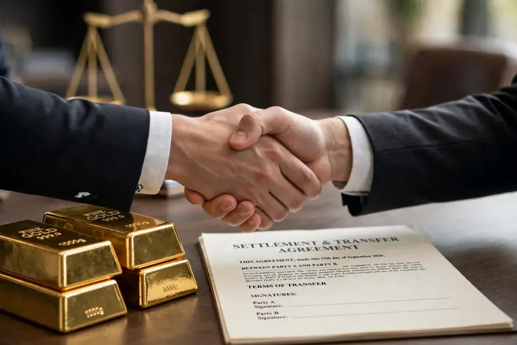 Handschlag über Goldbarren und Vertrag - Transparenz und rechtliche Sicherheit im Gold Affiliate