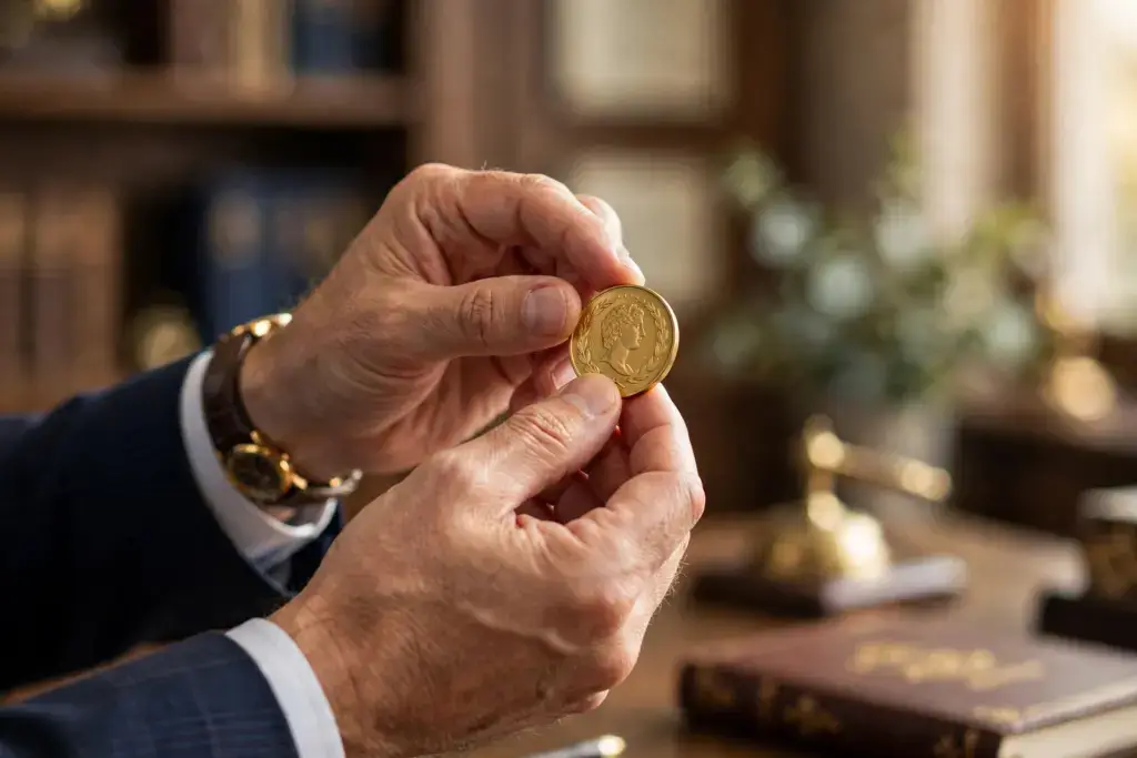 Hände prüfen Goldmünze - Vertrauen und hohe Wertigkeit im Gold Affiliate Marketing