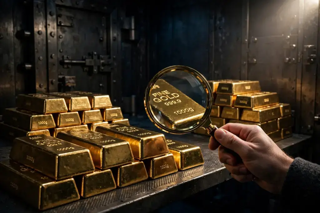 Lupe über Goldbarren im Tresor - So findest du seriöse Gold Partnerprogramme