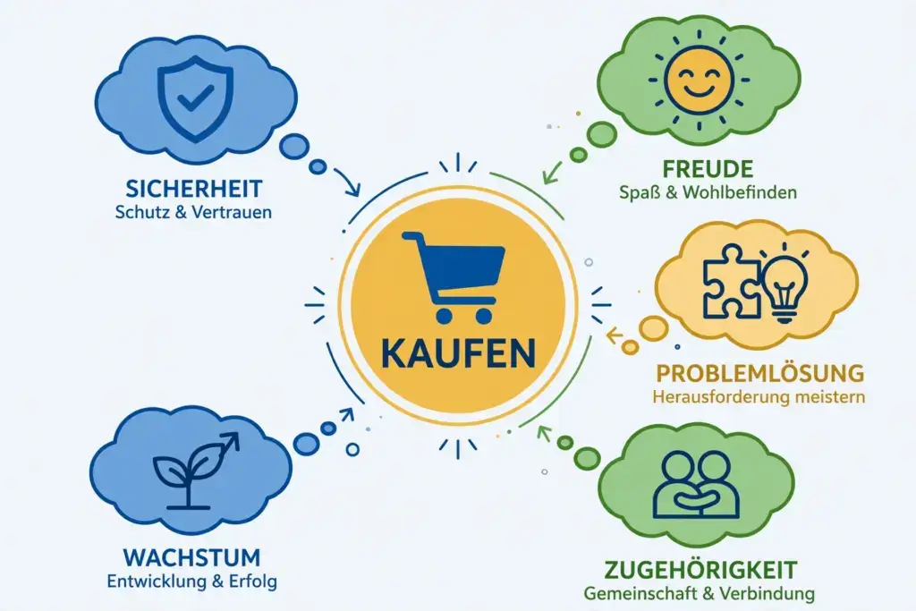 Illustration menschlicher Bedürfnisse und Motivationen als Denkblasen die auf Kaufen Symbol zulaufen - Sicherheit Freude Problemlösung Wachstum Zugehörigkeit moderne Piktogramm Art blau grün gold