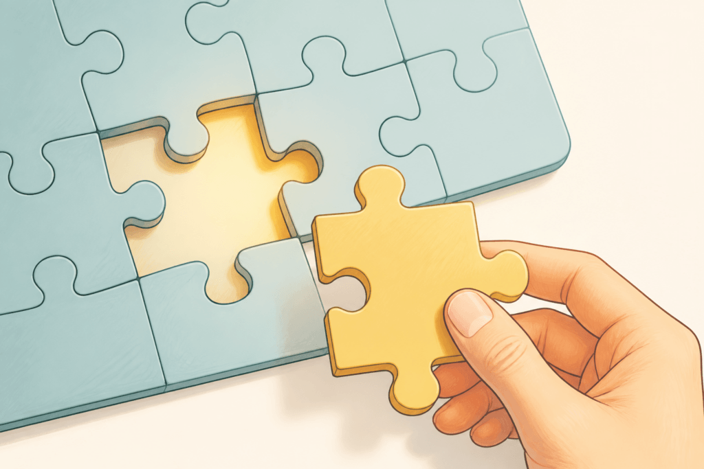 Ein stilisiertes Puzzleteil, das perfekt in eine Lücke passt, symbolisiert die Eignung und den idealen Match.