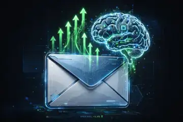 Futuristisches silbernes E-Mail-Symbol mit leuchtendem KI-Gehirn-Chip, das grüne Pfeile nach oben für steigende Öffnungsraten emittiert, Digital Art in Blau, Grün, Weiß, hoher Kontrast