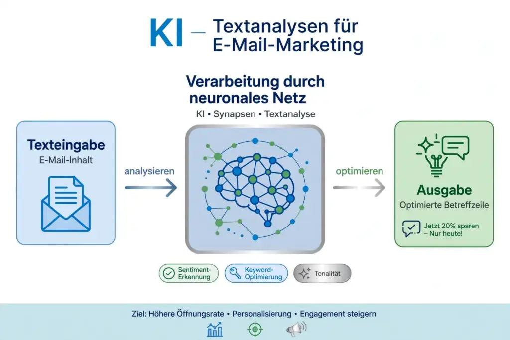 Schematische Infografik zur KI-Textanalyse im E-Mail-Marketing mit Texteingabe E-Mail-Inhalt, Verarbeitung durch neuronales Netz mit Synapsen und Ausgabe optimierte Betreffzeile, minimalistisch in hellen Farben