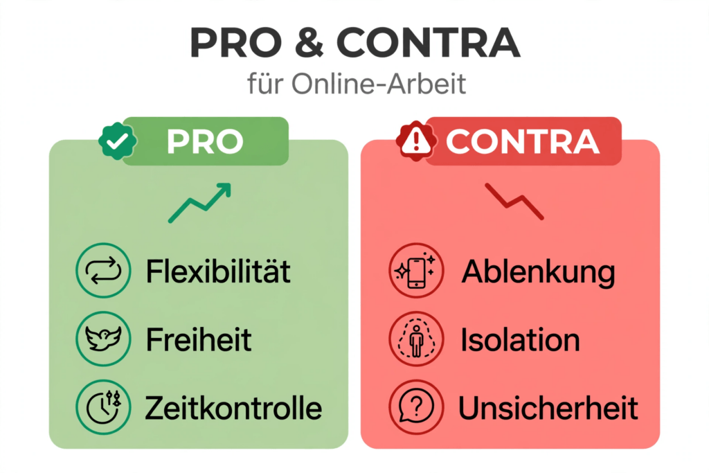 Pro und Contra für Online-Arbeit - Flexibilität Freiheit Zeitkontrolle vs Ablenkung Isolation Unsicherheit