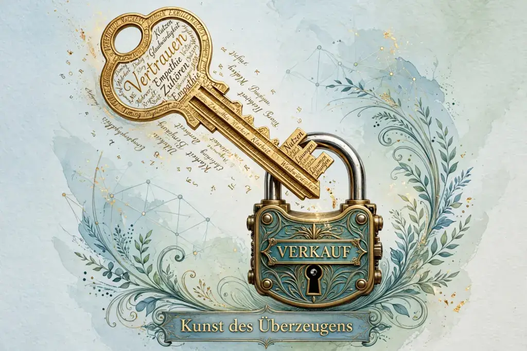 Verkaufspsychologie Kunst des Überzeugens - Worte und Buchstaben formen goldenen Schlüssel der Verkauf Schloss öffnet elegant detailreich mit Textur Vertrauen Empathie Zuhören Nutzen Lösungen