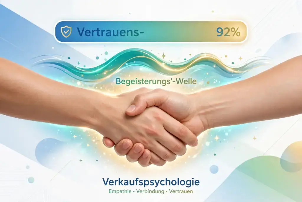 Verkaufspsychologie Händedruck als Symbol für Empathie und Verbindung - zwei Hände schütteln sich überbrückt von Vertrauens-Balken und Begeisterungs-Welle mit positivem Glühen helle freundliche Farben