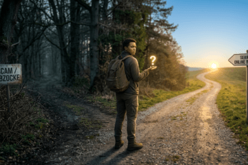Ist Affiliate Marketing Abzocke: Eine Person steht an einem Scheideweg, der einen unsicheren Pfad ('Abzocke') und einen klaren Weg ('Seriöses Online Business') zeigt, mit einem Fragezeichen in der Hand, welches die Kernf