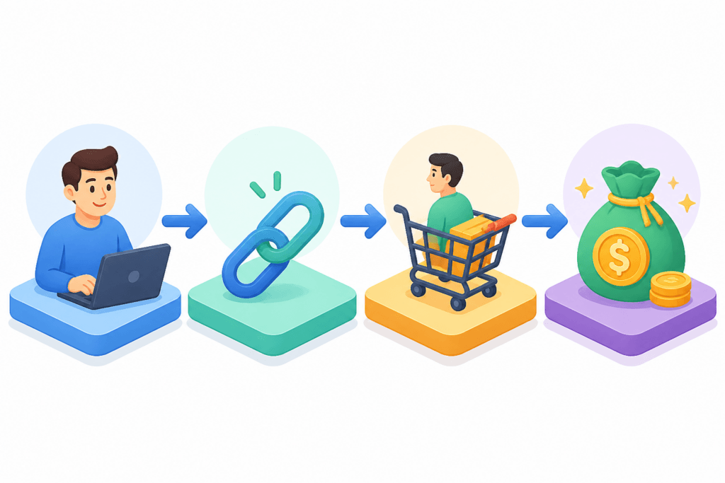 Ein einfaches Flussdiagramm, das den Ablauf eines Affiliate-Marketing-Partnerprogramms von Affiliate über Link und Verkauf zur Provision darstellt.