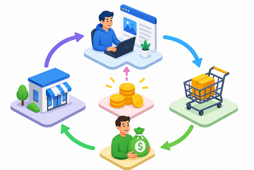 Ist Affiliate Marketing Abzocke: Eine Infografik zeigt den Kreislauf des Affiliate Marketings: Publisher, Produkt, Kunde, Händler und Provision mit Pfeilen, die den Fluss darstellen.