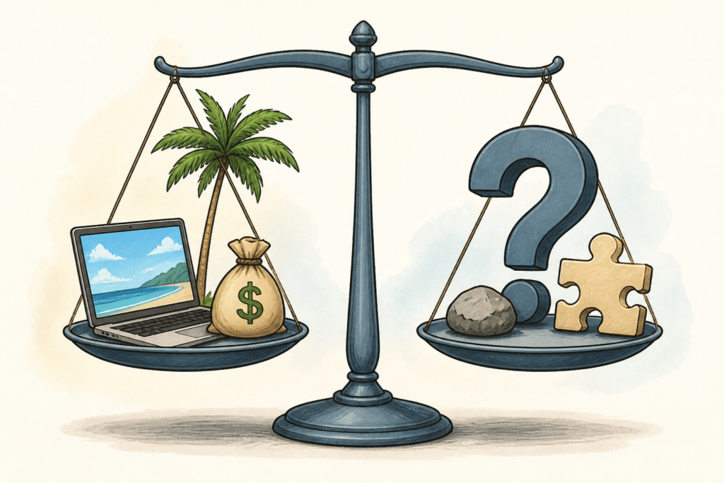 Ist Affiliate Marketing Abzocke: Eine digitale Waage illustriert die Vorteile (Laptop, Geldbeutel) und Nachteile (Fragezeichen, Stein) von Affiliate Marketing im Gleichgewicht.