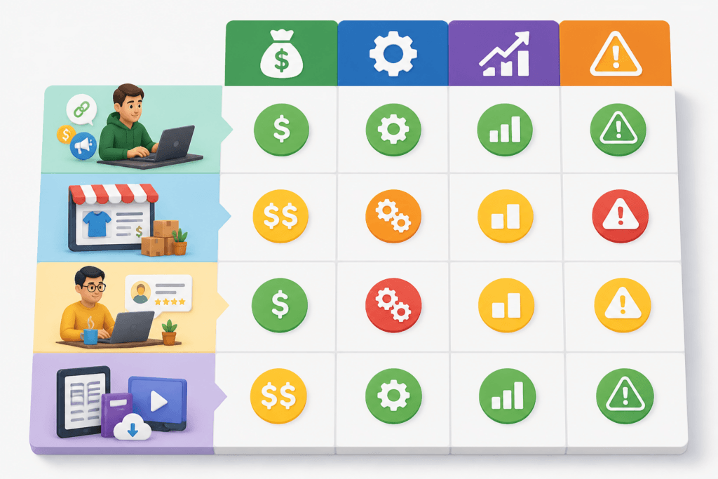 Ist Affiliate Marketing Abzocke: Ein Vergleichsdiagramm zeigt Affiliate Marketing neben Dropshipping, Freelancing und digitalen Produkten, bewertet nach Startkosten, Aufwand, Skalierbarkeit und Risiko.