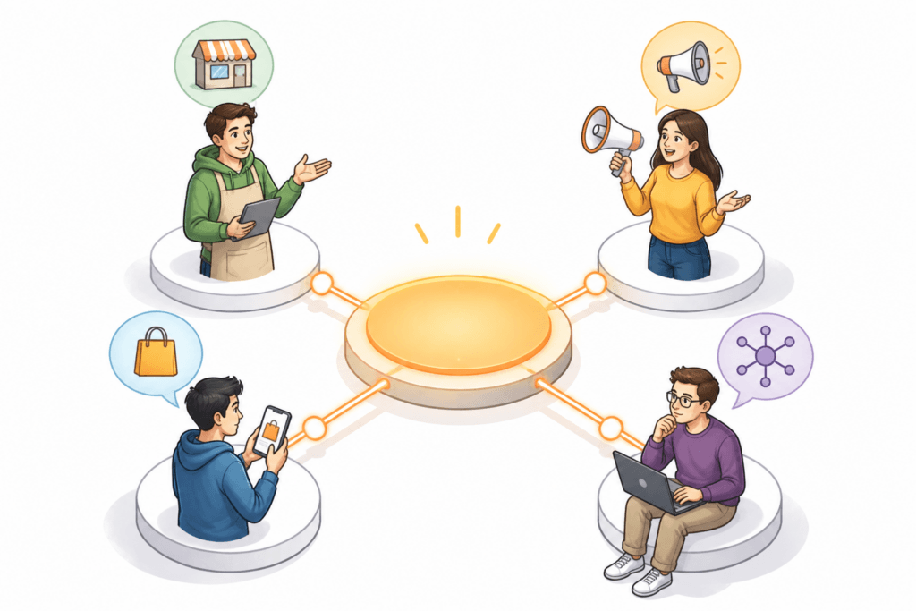 Vier schematische Figuren repräsentieren Händler, Affiliate, Kunde und Netzwerk, die um ein zentrales Partnerprogramm-Symbol angeordnet sind.