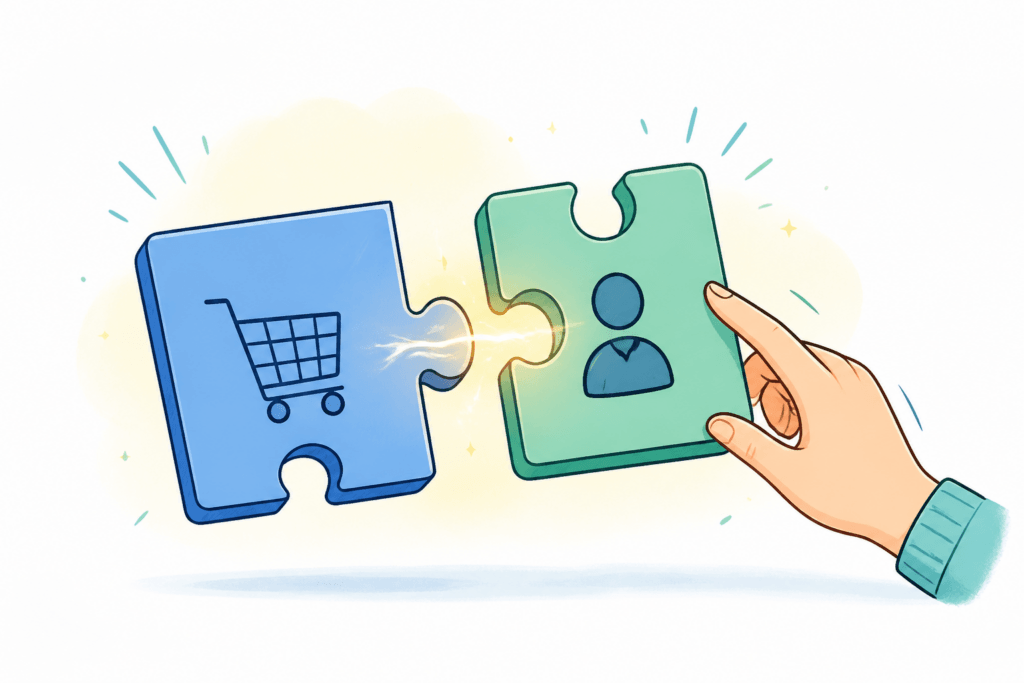 Eine digitale Hand verbindet zwei Puzzleteile, die ein Produkt und einen Kunden symbolisieren, durch einen leuchtenden Link.