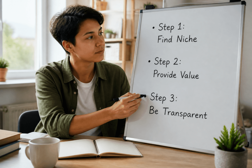 Eine nachdenkliche Person skizziert auf einem Whiteboard die ersten Schritte für einen seriösen Start im Affiliate Marketing: Nische, Mehrwert, Transparenz.