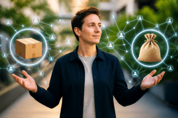 Was ist ein Partnerprogramm im Affiliate Marketing?: Eine Person betrachtet ein komplexes digitales Netzwerk, das die verschiedenen Komponenten eines Affiliate-Partnerprogramms darstellt, mit Produkt- und Geldsymbolen.